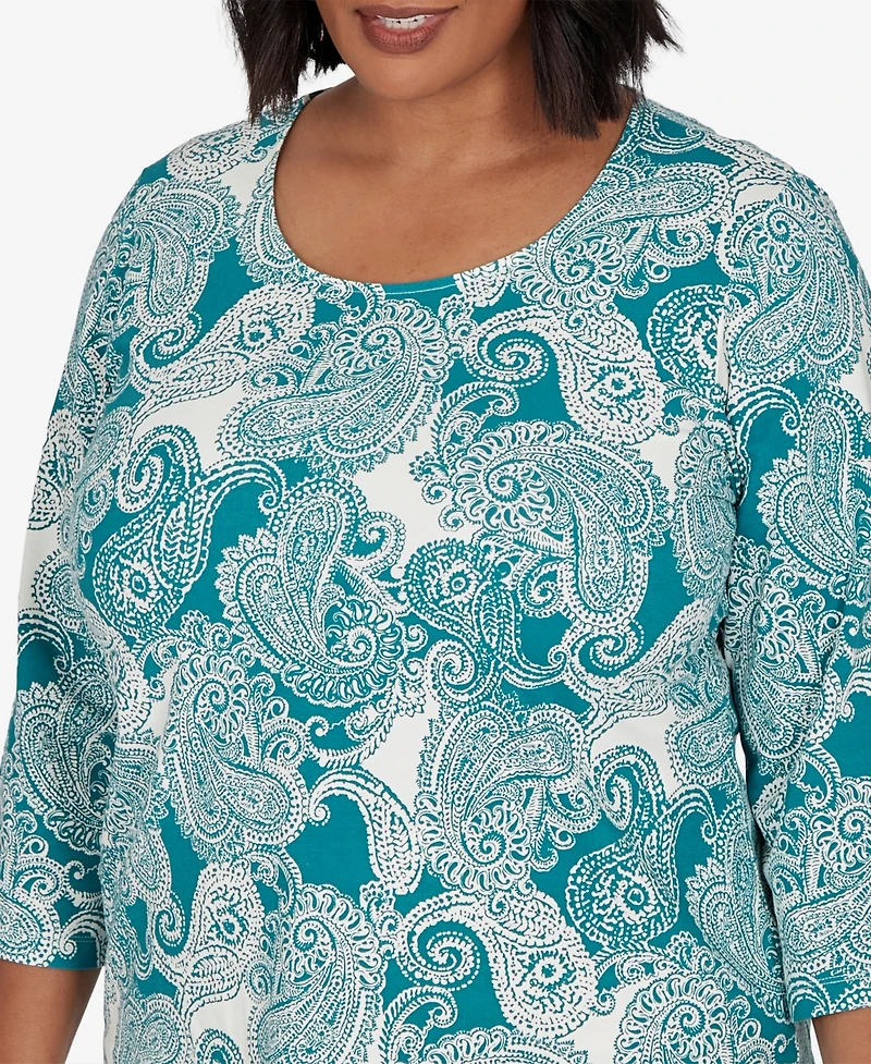 Hearts Of Palm Plus Stamped Paisley 3/4-Sleeve Scoop Neck T-Shirt