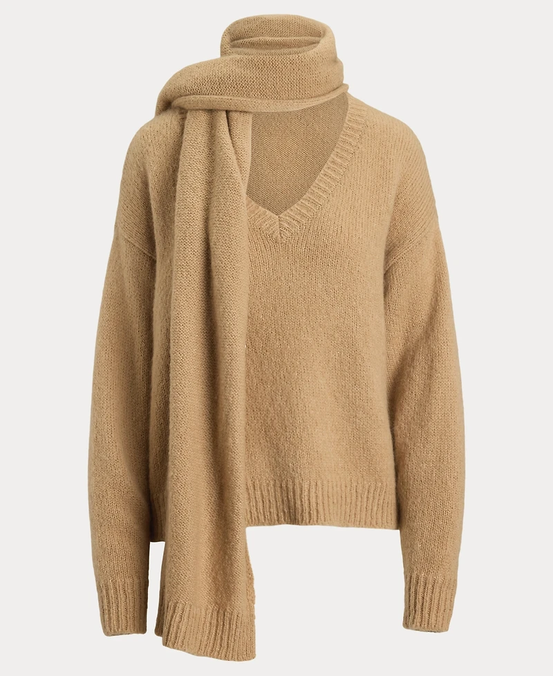 Lauren Ralph Women's Lofty Mohair Blend-Long Detachable Scarf V-Neck Sweater