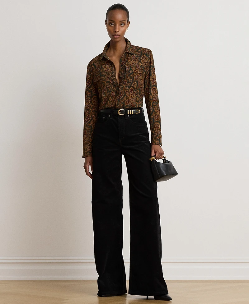 Lauren Ralph Women's Paisley Stretch Jersey Shirt Long-Sleeve Button-Up Blouse