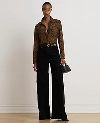 Lauren Ralph Women's Paisley Stretch Jersey Shirt Long-Sleeve Button-Up Blouse