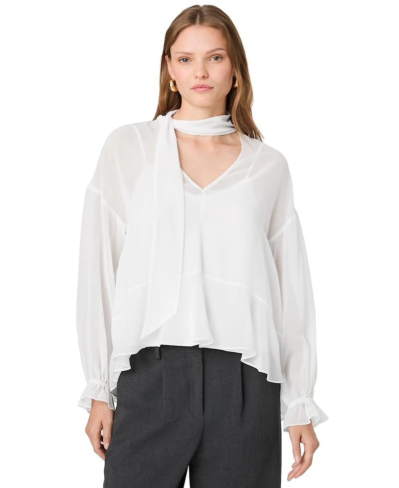 French Connection Women's Marina Tie-Front Chiffon Long-Sleeve Top