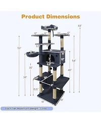 Sugift Large Cat Tree 63 Inch Tall Cat Tower with Rotatable Basket Bed and Swinging Hammock