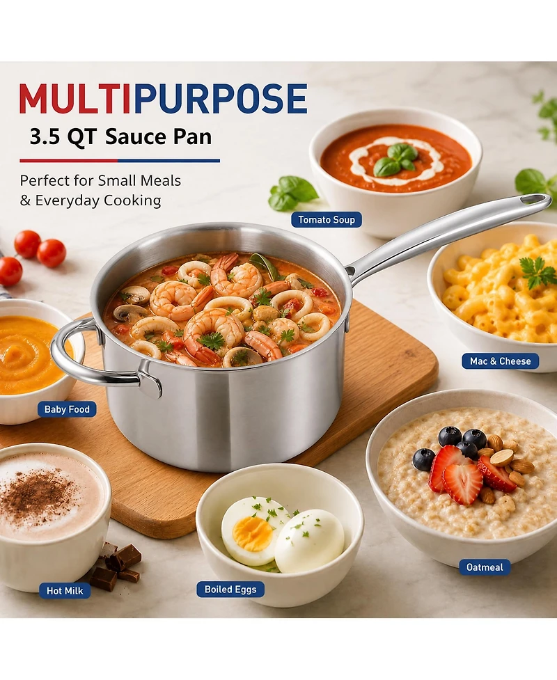 Megacasa 1.6 Quart Triple-Ply Stainless Steel Saucepan with Lid