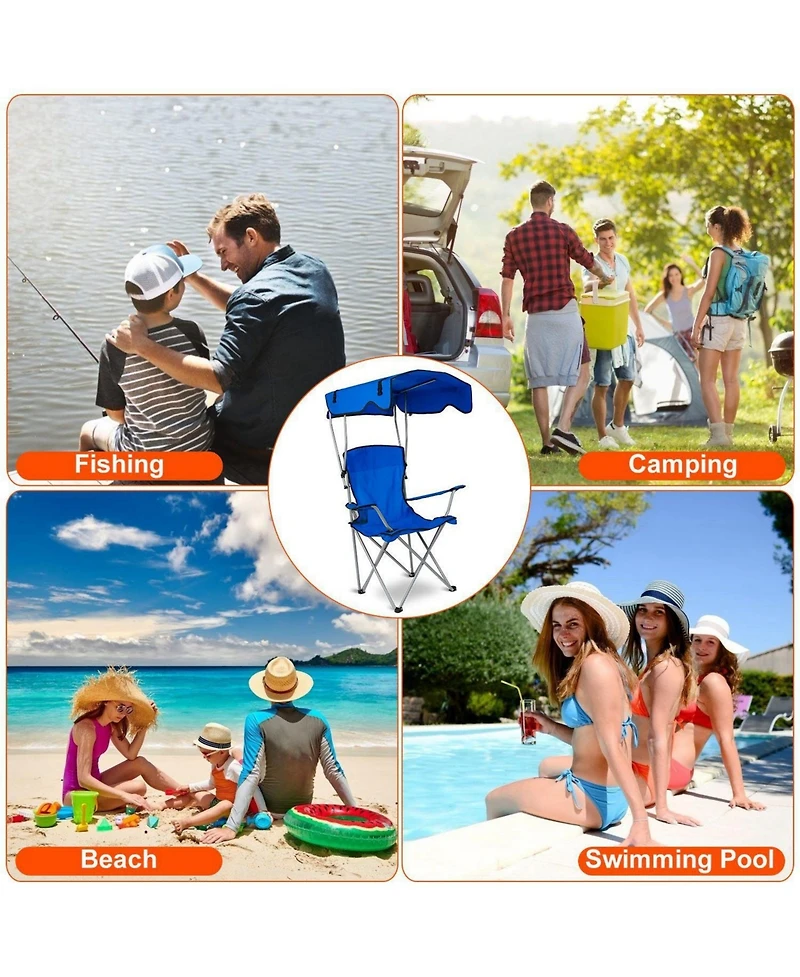 Mountaintop Foldable Beach Canopy Chair Sun Protection Camping Lawn Canopy Chair 330LBS Load Folding Seat with Cup Holder For Beach Poolside
