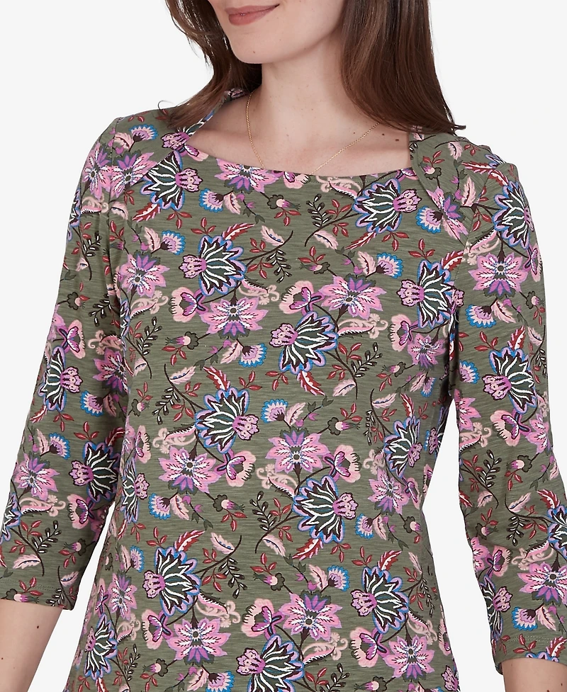 Ruby Rd. Petite Kint Garden Top Square-Neck 3/4-Sleeve Floral Blouse
