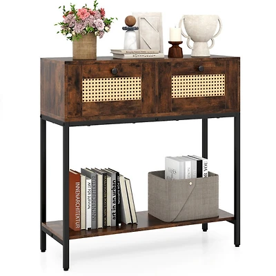 Sugift Boho Rattan Console Table with 2 Woven Drawers and Open Storage Shelf