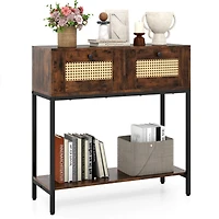 Sugift Boho Rattan Console Table with 2 Woven Drawers and Open Storage Shelf