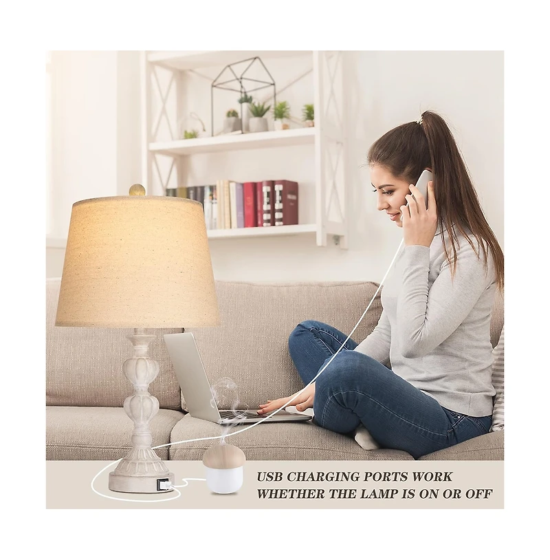 Sofucor 23" Touch Control Coastal Farmhouse Table Lamp Set of 2, 3-Way Dimmable Bedside Lamp with 2 Usb Charging Ports