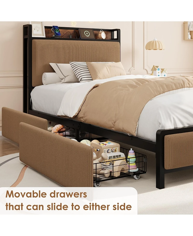 homfan Bed Frame with 2 Drawers and Charging Station, Upholstered Headboard Led Lights, Under Storage