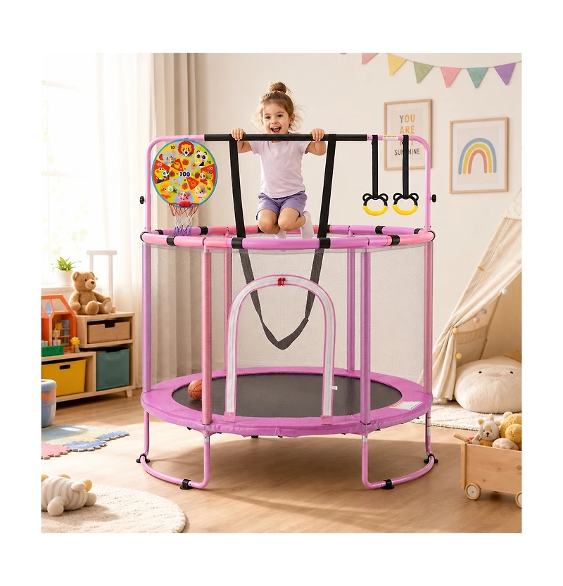 Sugift 55" Kids Trampoline with Basketball Hoop & Adjustable Gymnastics Bar, Ages 3+