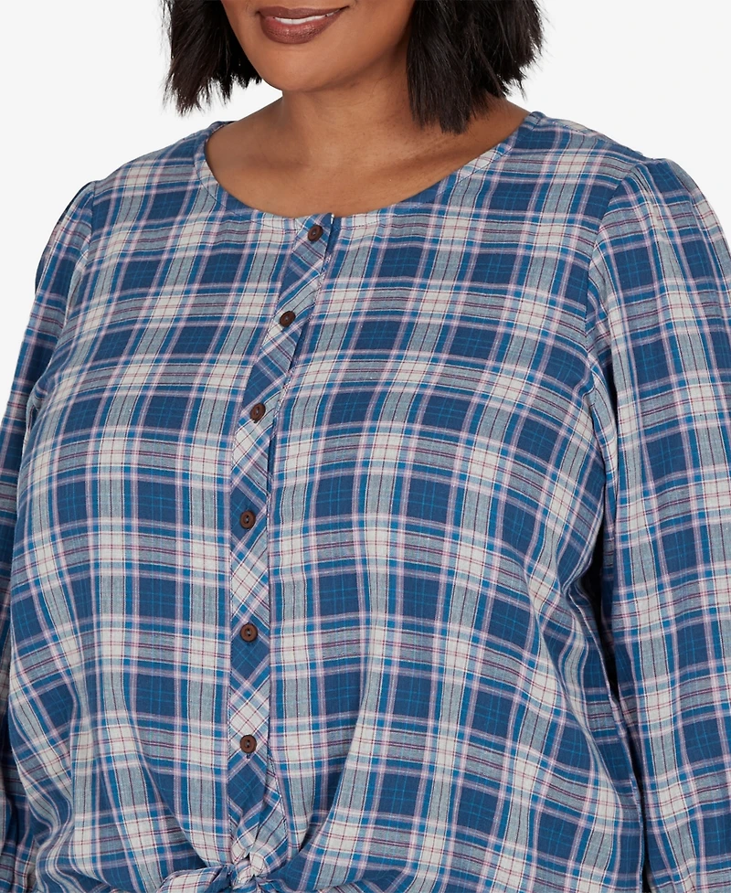 Ruby Rd. Plus Homestead Plaid 3/4-Sleeve Button-Front Top