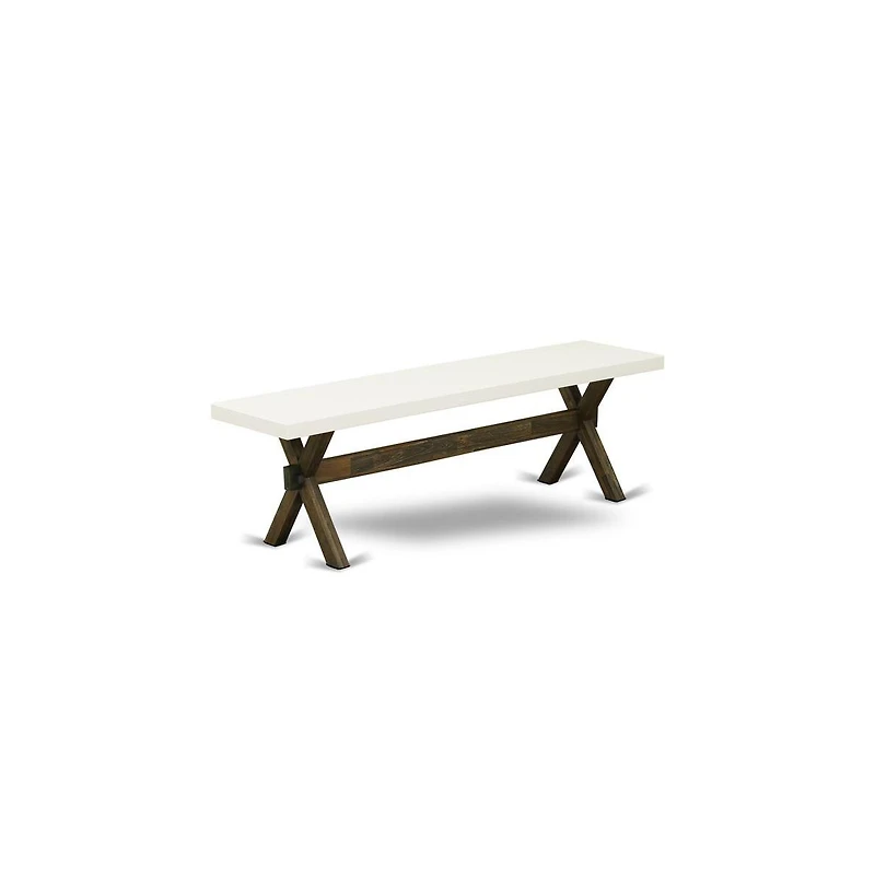 East West Furniture 3 Piece Dining Room Table Set - 1 Linen White Small Kitchen Table and 2 Small Wooden Benches - Distressed Jacobean Finish