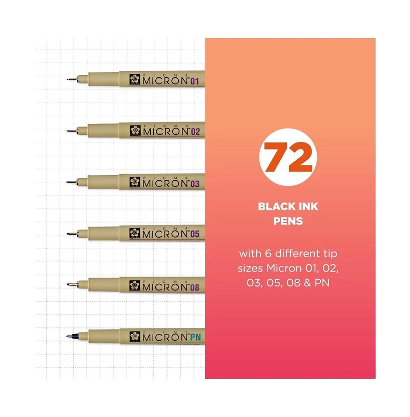 Sakura Pigma Micron Black Ink Multi-tip Set, 72 Pen Count