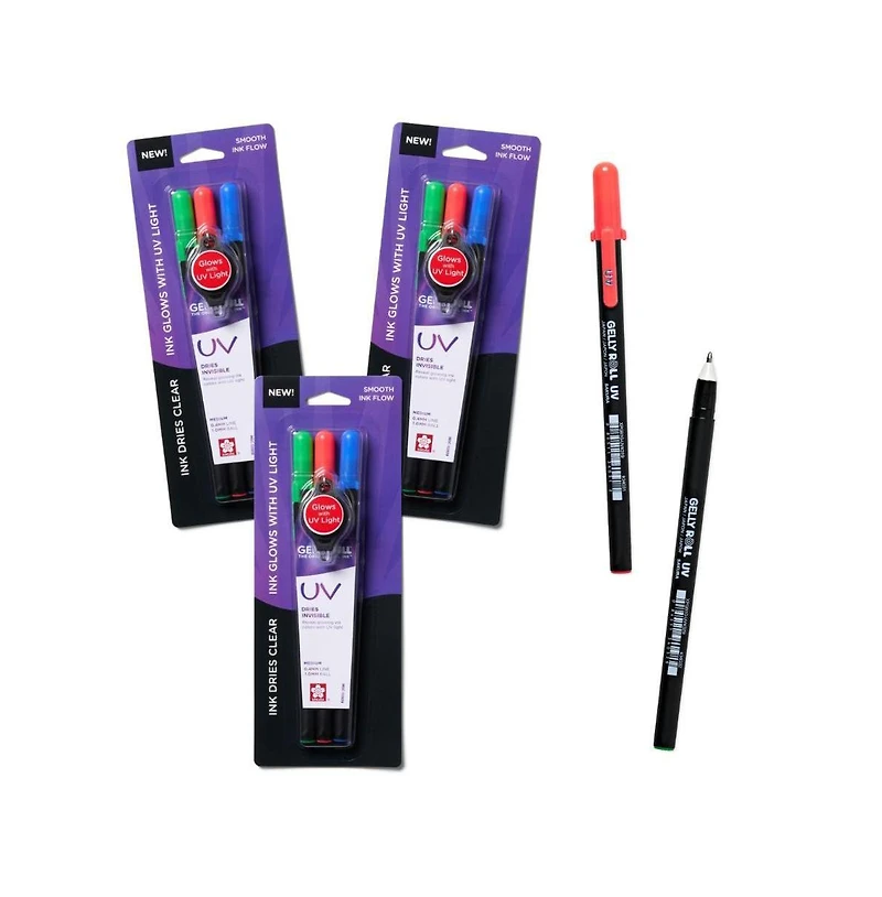 Sakura Gelly Roll Uv Pen - Uv Gel Ink Pen with Uv Keychain Flashlight - 9 Pens, 3 Lights