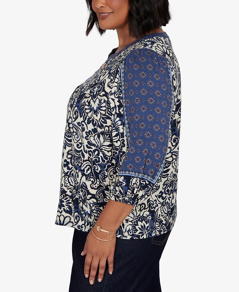 Ruby Rd. Plus Foliage Floral Henley 3/4-Sleeve Top