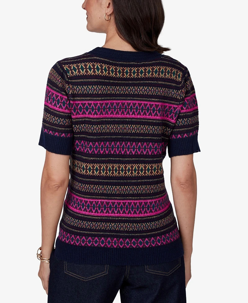Ruby Rd. Plus Fair Isle Crewneck Short-Sleeve Sweater