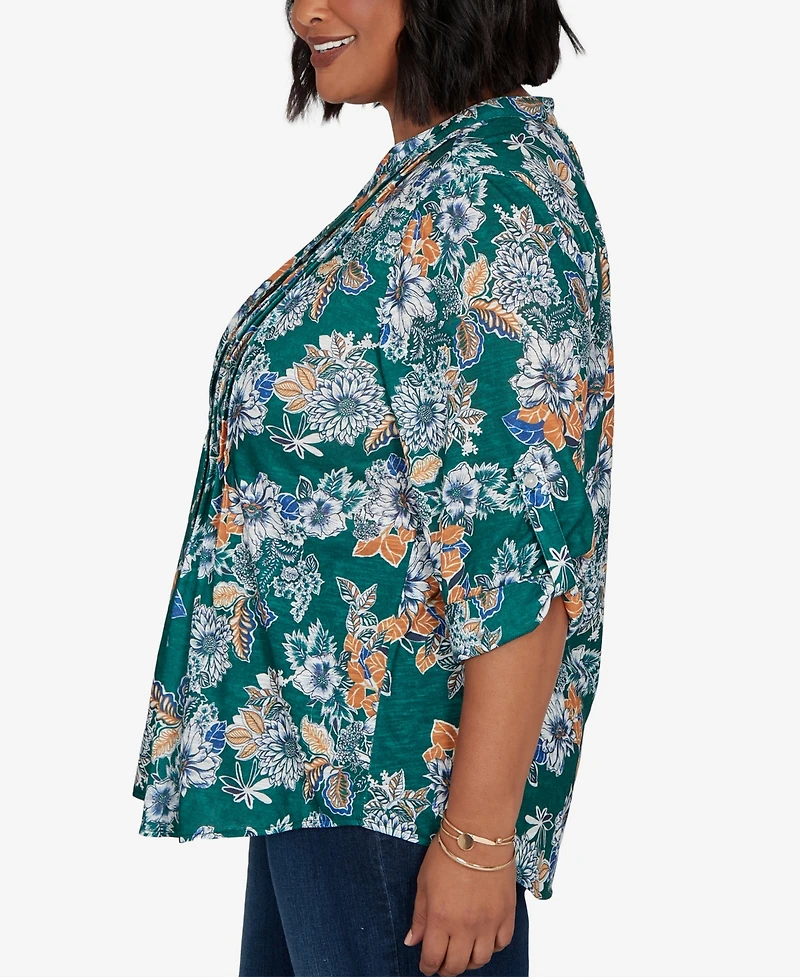 Ruby Rd. Plus Kensington Henley 3/4-Sleeve Floral Blouse