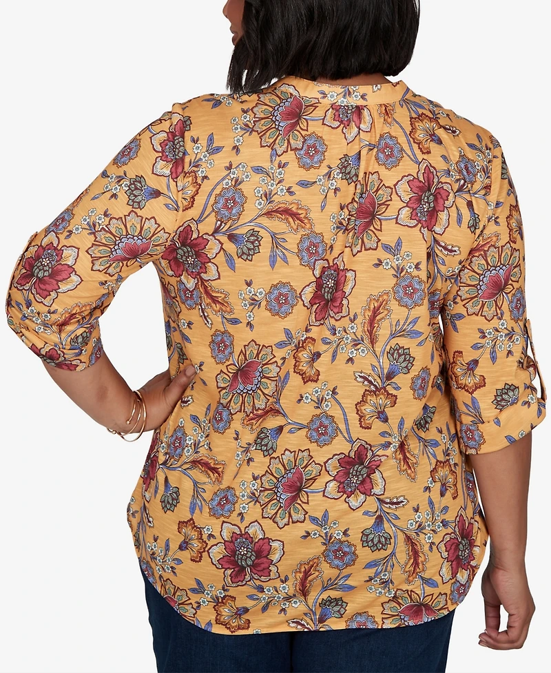 Ruby Rd. Plus Knit Vines Floral 3/4-Sleeve Henley Blouse