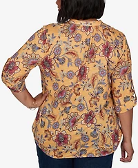 Ruby Rd. Plus Knit Vines Floral 3/4-Sleeve Henley Blouse
