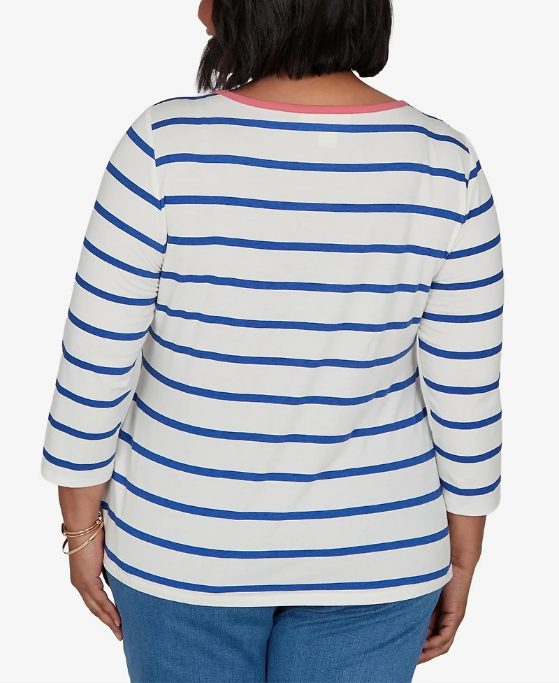 Ruby Rd. Plus Stripe Boat Neck 3/4-Sleeve Top