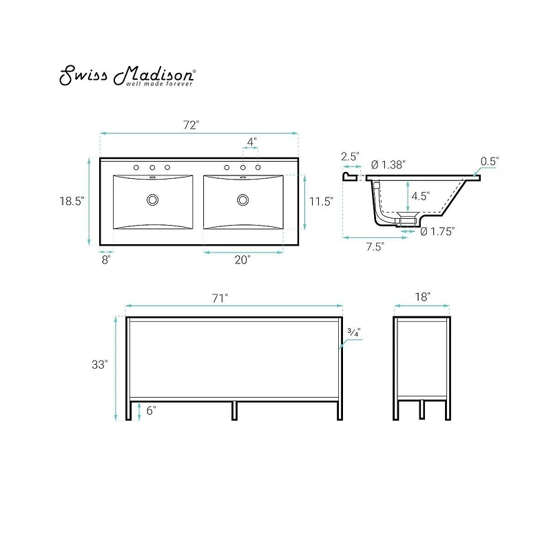 Swiss Madison 72 Double, Freestanding, Open Shelf, Matte Black Metal Frame Bathroom Vanity