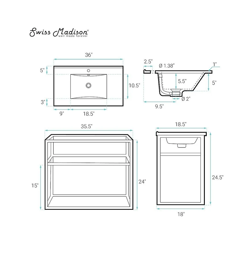Pierre 36 Single, Metal Frame, Open Shelf, Bathroom Vanity