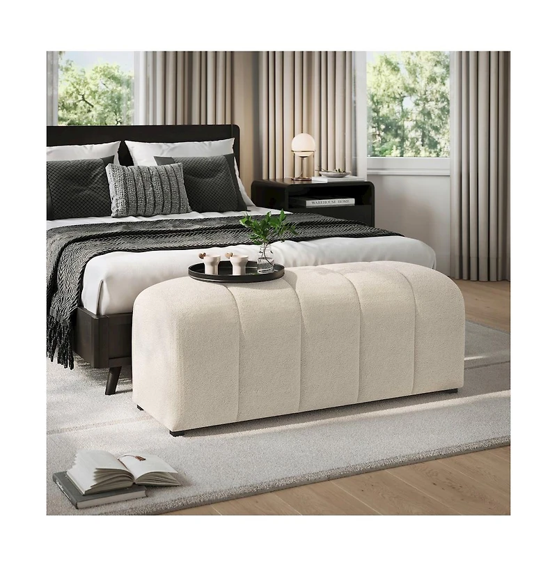 Jofran Tess Contemporary Modern Ivory Boucle Upholstered Plush Bench