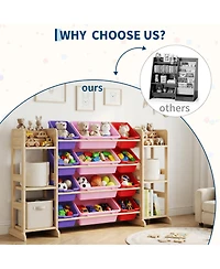 gaomon Kids Toy Storage Organizer 52.3" Wide Solid Wood Bookshelf Cabinet with 12 Removable Bins and 6 Shelves Cubby