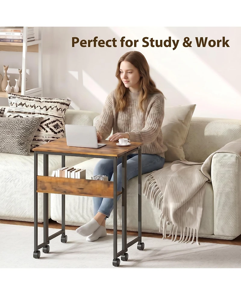 gaomon Folding Computer Desk with Storage Shelf 24.8" Mobile Rolling Table on Wheels Space Saving Collapsible Writing Desk for Small Space Home Office