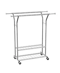 Slickblue Carbon Steel Rolling Clothing Rack with 2 Hanging Rods and 2 Storage Shelves for Home