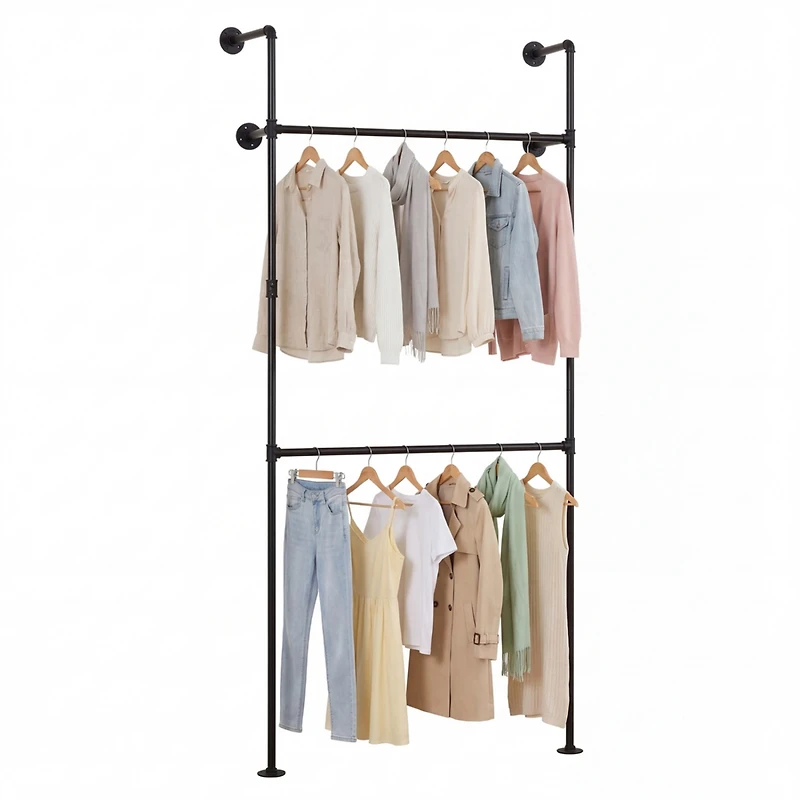 Sugift Wall Mounted Pipe Clothing Rack with 2 Hanging Rods Industrial Double Tier Garment Display