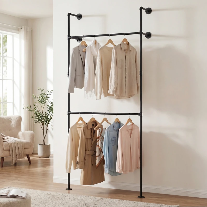 Sugift Wall Mounted Pipe Clothing Rack with 2 Hanging Rods Industrial Double Tier Garment Display