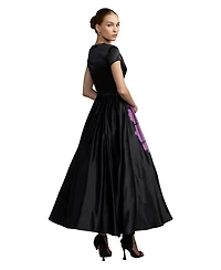 Mac Duggal Women's Satin Cap Sleeve Floral Printed A-Line Dress