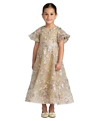 Mac Duggal Little Girls Floral Embroidered Mesh Flutter Sleeve Dress