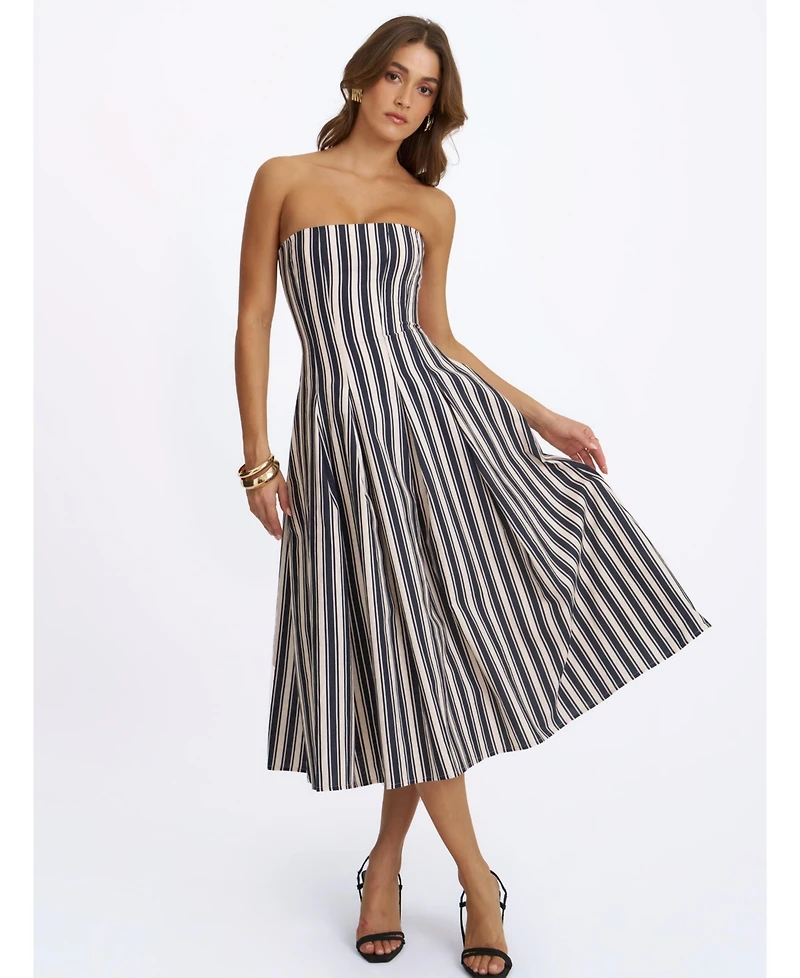 Miss Circle Women's Wyanne Black and White Linen Striped Strapless Midi Dress