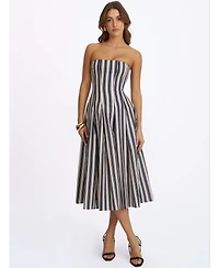 Miss Circle Women's Wyanne Black and White Linen Striped Strapless Midi Dress