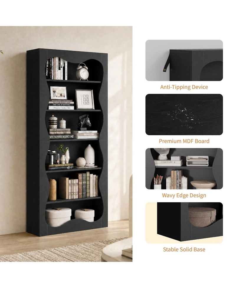 gaomon Bookshelf Tall 6 Tier Modern Office Bookcase with Wavy Scalloped Edge Freestanding Wooden Storage Display for Living Room Bedroom Home