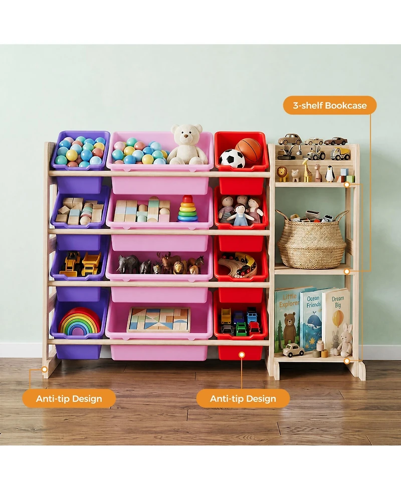 gaomon Kids Toy Storage Organizer 42" Wide Wood Cubby Bookshelf with 12 Bins and 3 Open Shelves for Playroom Nursery Bedroom