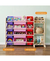 gaomon Kids Toy Storage Organizer 42" Wide Wood Cubby Bookshelf with 12 Bins and 3 Open Shelves for Playroom Nursery Bedroom