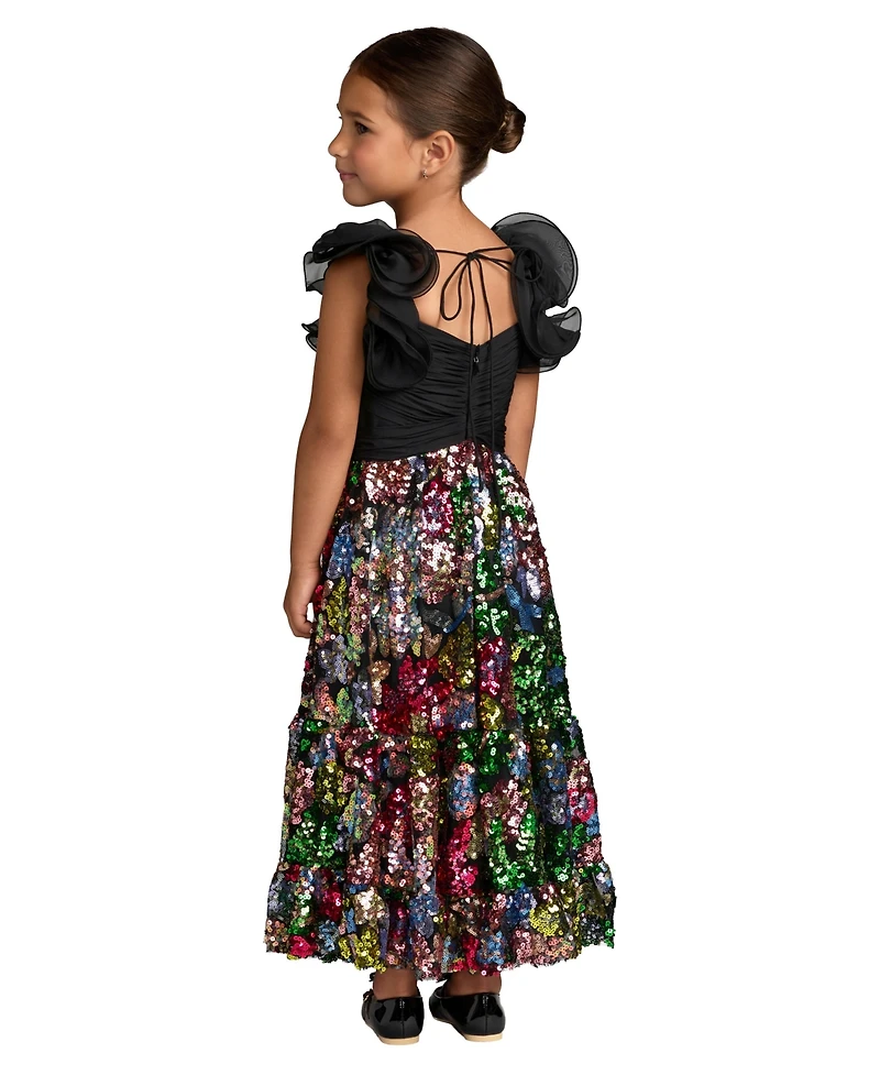 Mac Duggal Big Girls Sequin Floral Maxi Dress with Ruffle Sleeves