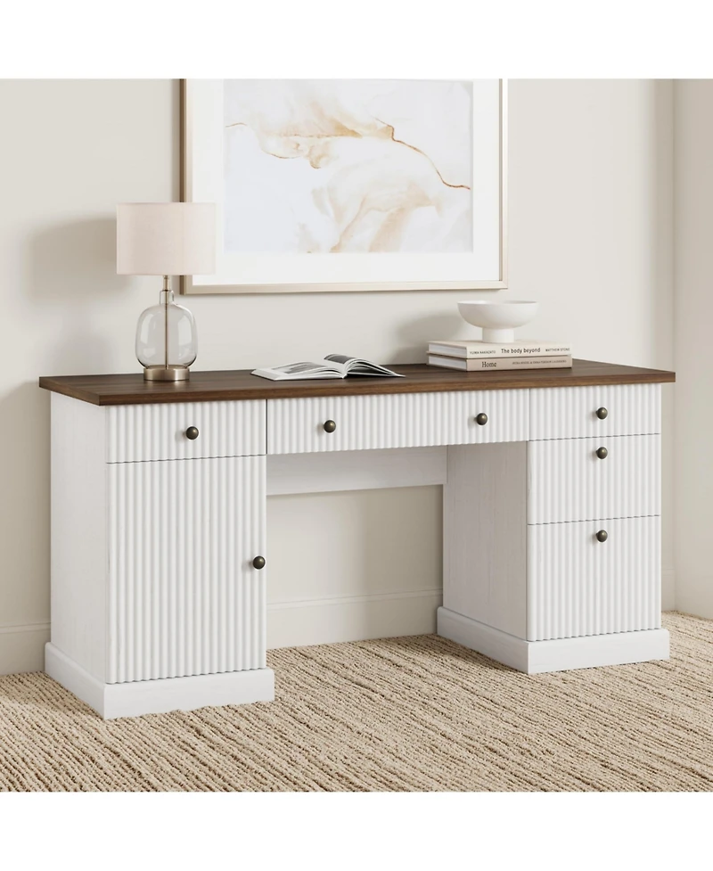 60" Modern Executive Desk with Storage Cabinet and Drawer, Fluted Design