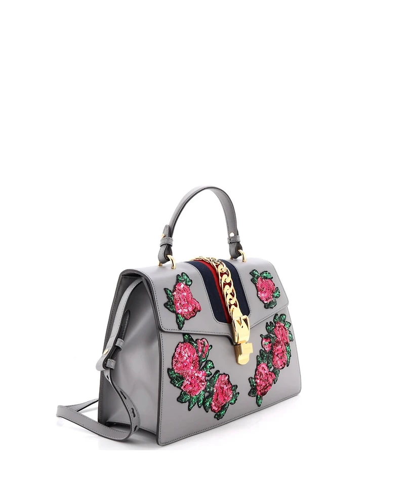 Pre-Owned Gucci Medium Sylvie Top Handle Bag Embroidered Leather