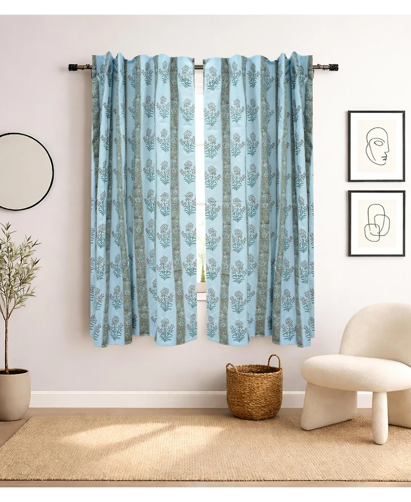 Fabdivine Handmade Noor Floral Block Print Linen Curtain