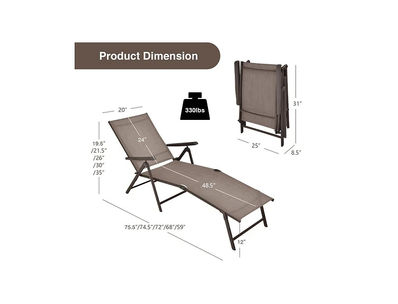 Boyel Living 2 Pieces Foldable Chaise Lounge Chair with 2-Position Footrest