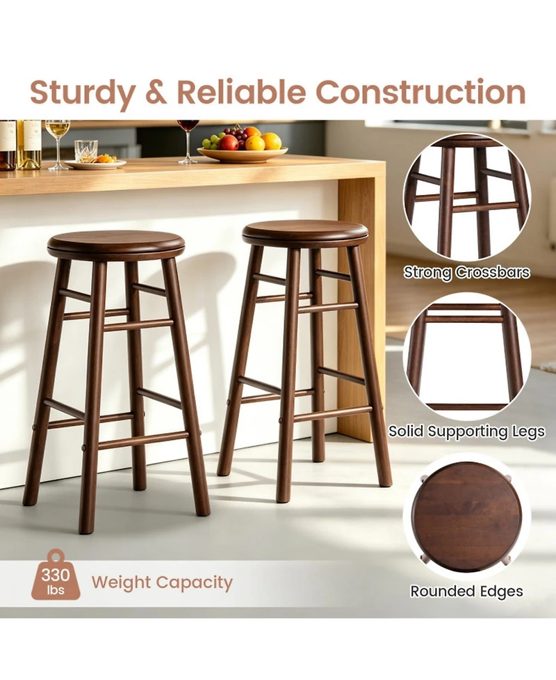 Sugift 24 Inch Swivel Bar Stools Set of 2 with Footrests and Crossbars Solid Rubber Wood Counter Seating