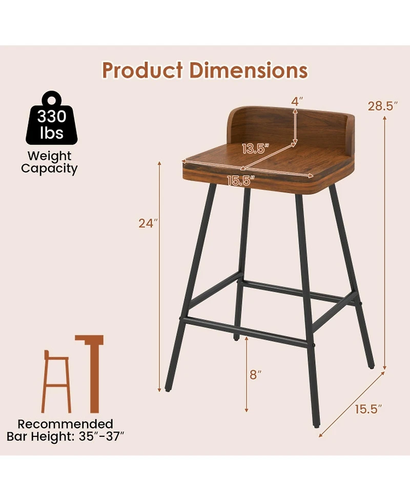 Sugift 24 Inch Industrial Bar Stool with Low Back Rubber Wood Seat and Metal Legs Counter Height Design