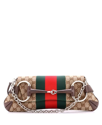 Pre-Owned Gucci Large Horsebit Web Chain Clutch Gg Canvas