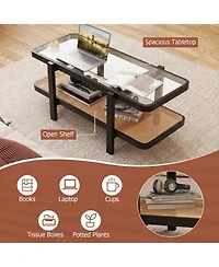 Sugift 2-Tier Coffee Table with Tempered Glass Top and Rattan Storage Shelf