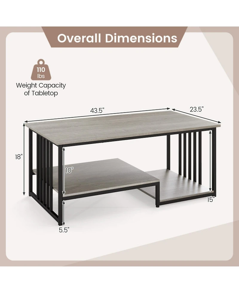Sugift 43.5 Inch Industrial Coffee Table with 2-Tier Open Storage Shelf