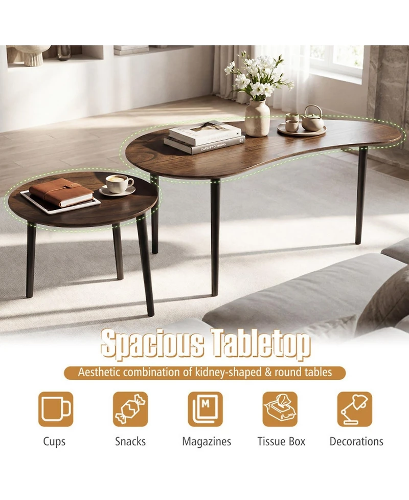 Sugift Mid Century Nesting Tables Set of 2 with Kidney Shaped Top and Rubber Wood Legs